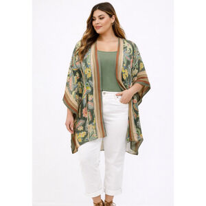 NWT Chico's Womens L/XL Tropical Status Woven Ruana Covering Sage Leaf Boho